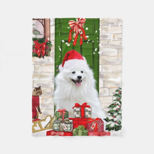 Spitz Dog Kerstmis Fleece Deken (Voorkant)
