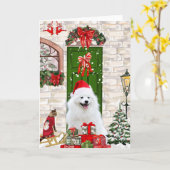Spitz Dog Kerstmis Kaart (Gele Bloem)