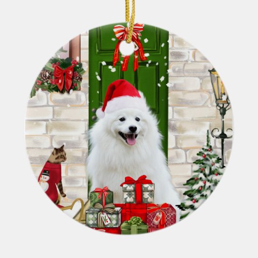 Spitz Dog Kerstmis Keramisch Ornament (Voorkant)