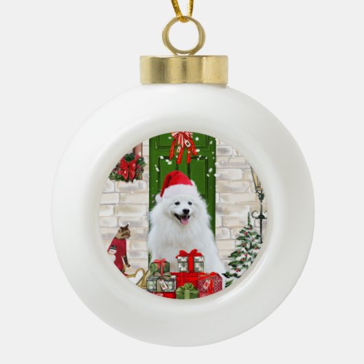 Spitz Dog Kerstmis Keramische Bal Ornament (Voorkant)