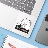 Spitz Hond Dashcam Beveiligingscamera Waarschuwing Sticker (Laptop met iPhone)