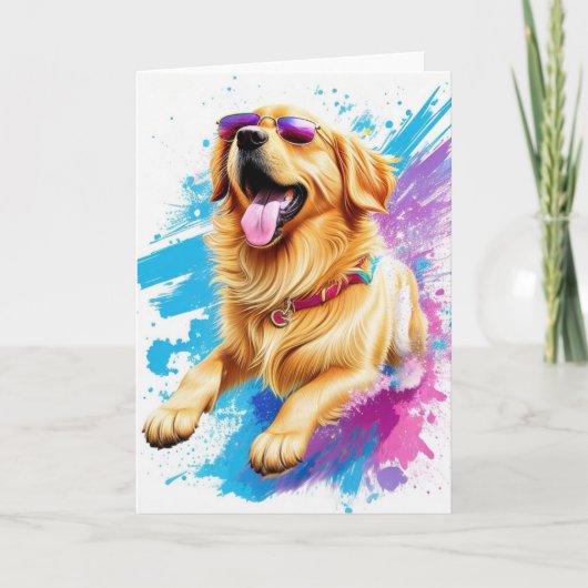 Splash Art Golden Retriever With Sunglasses Blank Kaart (Voorkant)