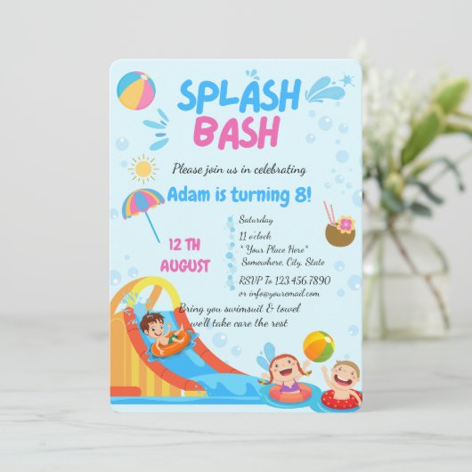 Splash Bash Pool Party Verjaardag Uitnodiging (Staand voorkant)