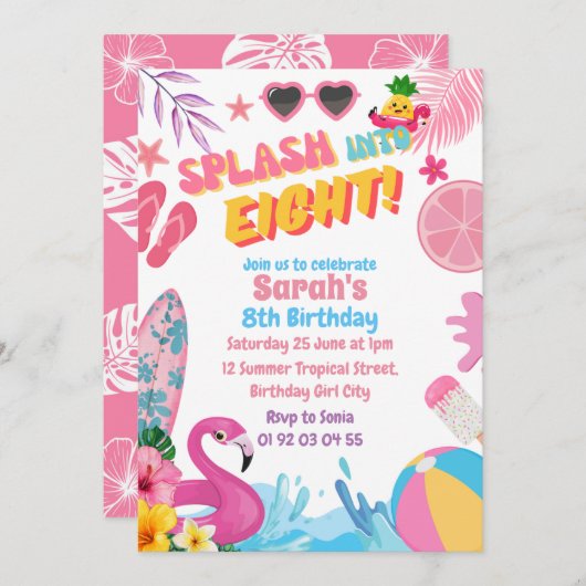 Splash in acht retro 8e zwembad verjaardagsfeestje kaart (Voorkant / Achterkant)