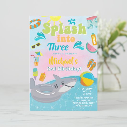 Splash in Drie zwembad partij verjaardagsuitnodigi Kaart (Staand voorkant)