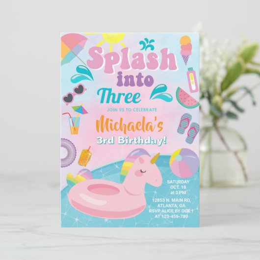 Splash in Drie zwembad partij verjaardagsuitnodigi Kaart (Staand voorkant)