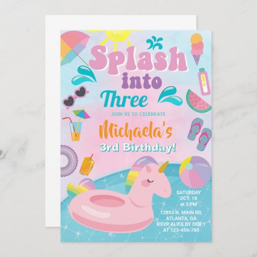 Splash in Drie zwembad partij verjaardagsuitnodigi Kaart (Voorkant / Achterkant)