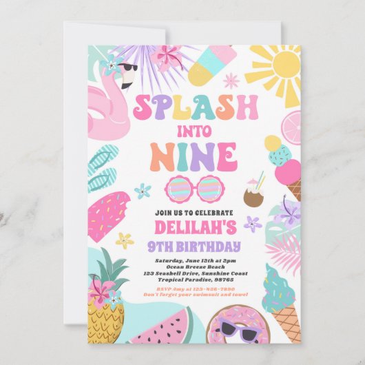 Splash In Negen Tropisch Strand 9e Verjaardagsfees Kaart (Voorkant)