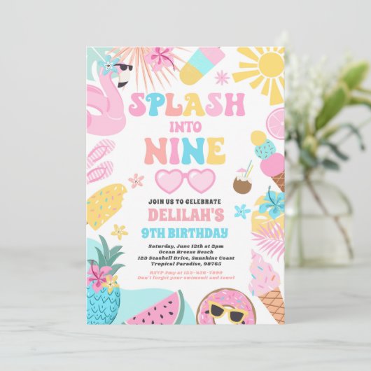 Splash In Negen Tropisch Strand 9e Verjaardagsfees Kaart (Staand voorkant)