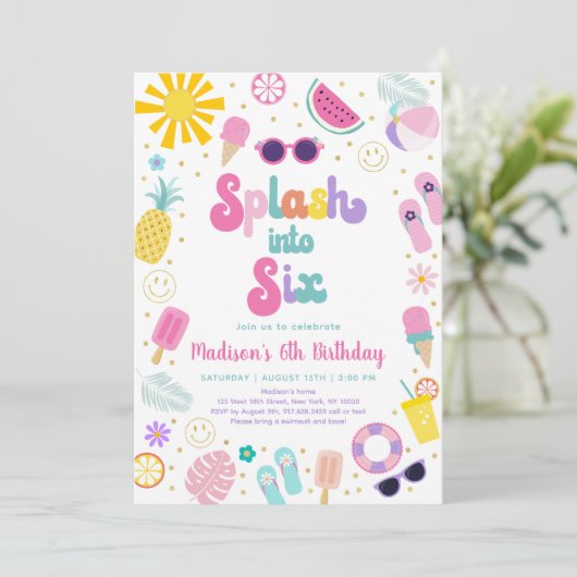 Splash in Six Girl Pool Party Zomerverjaardag Kaart (Staand voorkant)