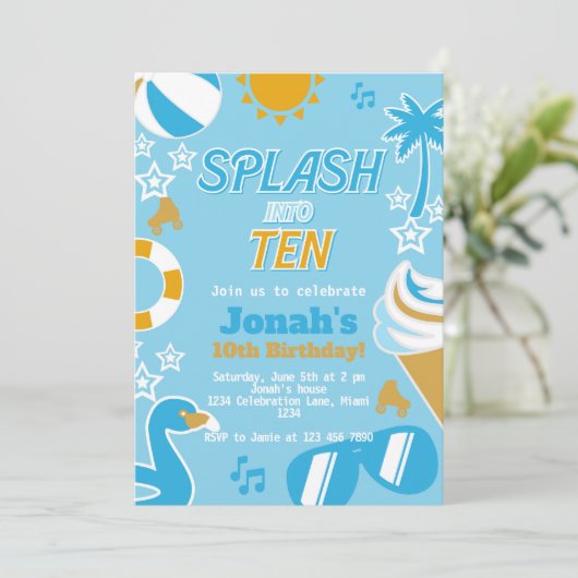 Splash In Tien Pool Party Verjaardag Jongen Zomer Kaart (Staand voorkant)