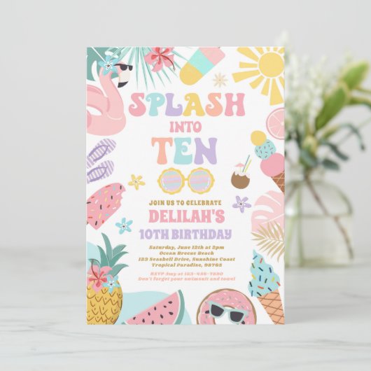 Splash In Tien Tropisch Strand 10e Verjaardagsfees Kaart (Staand voorkant)