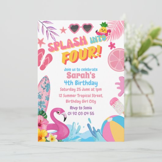Splash in Vier Retro 4e Pool Verjaardagsfeestje Kaart (Staand voorkant)