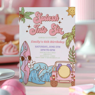 Splash in zes groovy retro 6e verjaardagsfeestje kaart