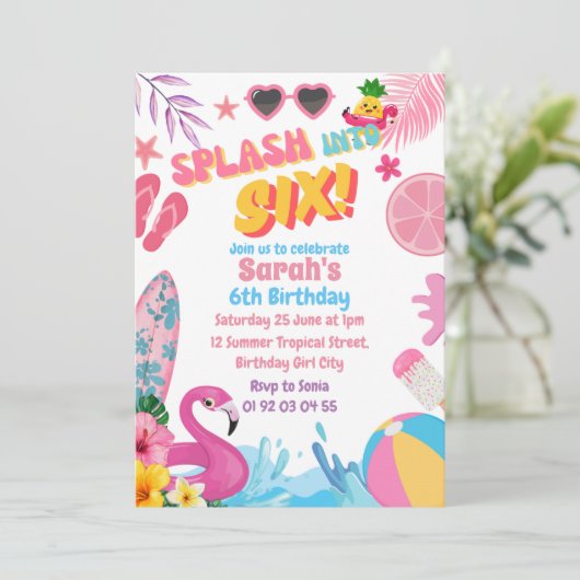 Splash in zes retro 6e zwembad verjaardagsfeestje kaart (Staand voorkant)