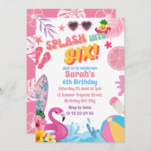 Splash in zes retro 6e zwembad verjaardagsfeestje kaart (Voorkant / Achterkant)