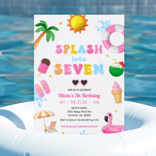 Splash In Zeven Zwembad Party Meisje 7e Verjaardag Kaart