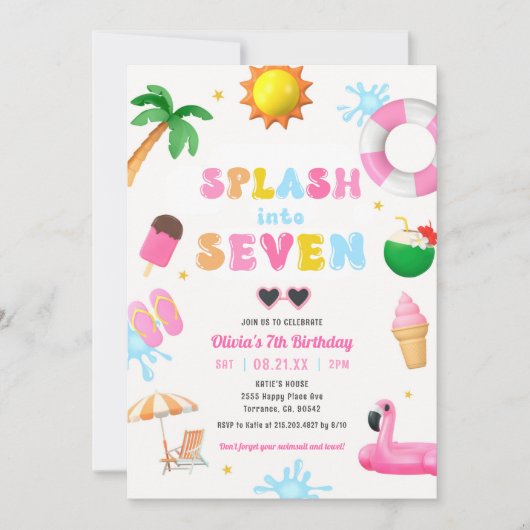 Splash In Zeven Zwembad Party Meisje 7e Verjaardag Kaart (Voorkant)