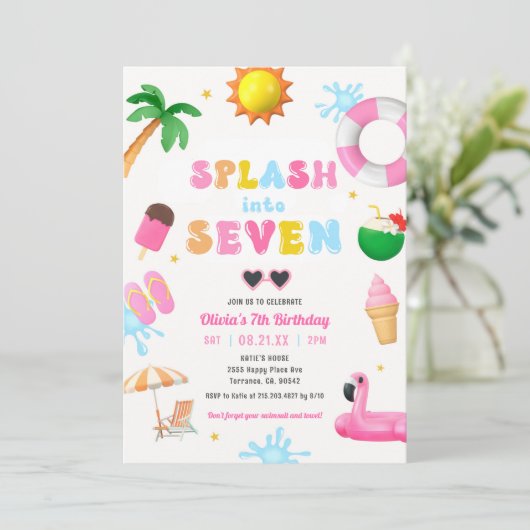 Splash In Zeven Zwembad Party Meisje 7e Verjaardag Kaart (Staand voorkant)