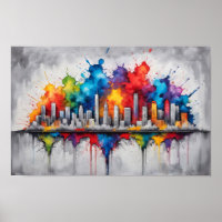 Splash inkt tekening met wolkenkrabber skyline