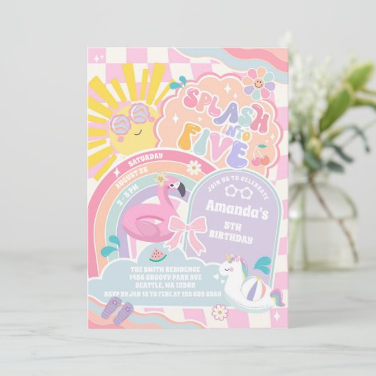 Splash Into Five Cloud Rainbow Disco 5th Birthday  Kaart (Staand voorkant)