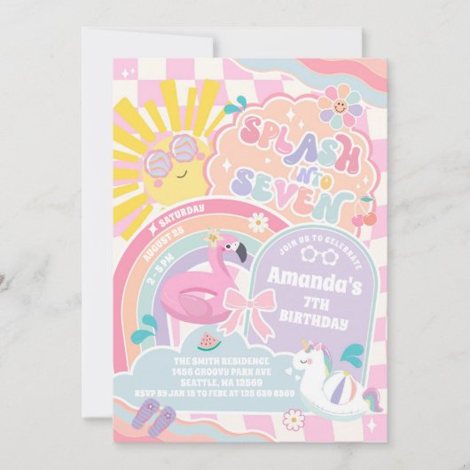 Splash Into Seven Pool Party Rainbow 7th Birthday  Kaart (Voorkant)