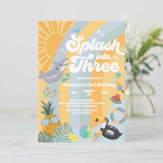 Splash Into Three Summer Rainbow Sun 3rd Birthday  Kaart (Staand voorkant)