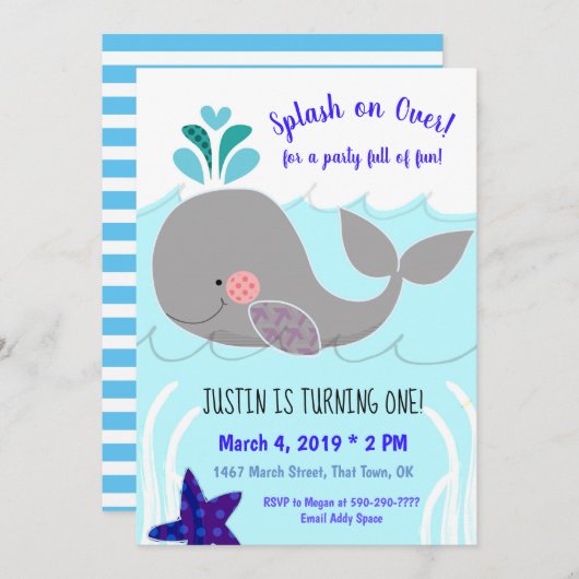 Splash over walvis 1st Birthday Invitation Kaart (Voorkant / Achterkant)