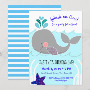 Splash over walvis 1st Birthday Invitation Kaart