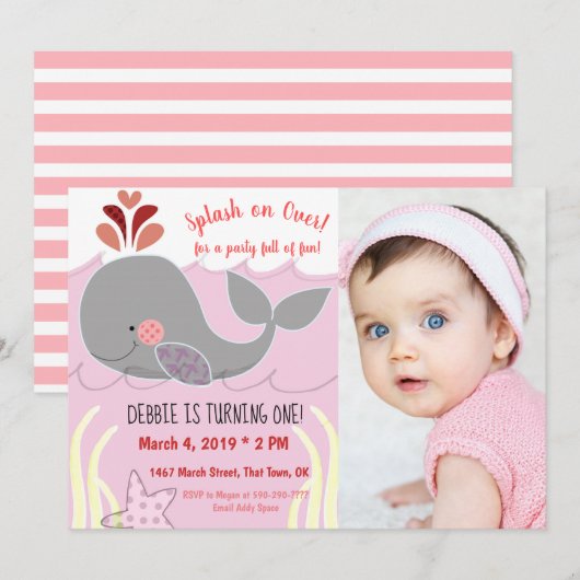 Splash over walvis 1st Birthday Invitation Kaart (Voorkant / Achterkant)