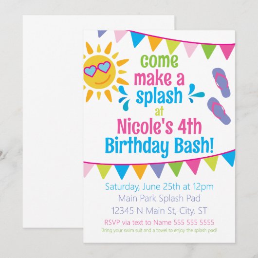 Splash Pad Birthday Party nodigt uit Kaart (Voorkant / Achterkant)