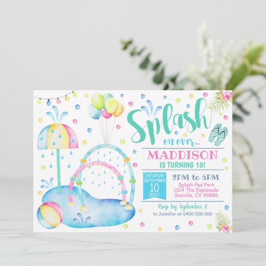 Splash Pad Party Invitation Water Park Birthday Kaart (Staand voorkant)