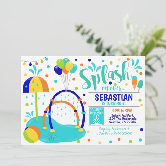 Splash Pad Uitnodiging Waterpark Verjaardag Jongen (Staand voorkant)
