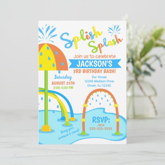 Splash Pad Verjaardag Uitnodiging / Waterpark / Jo (Staand voorkant)