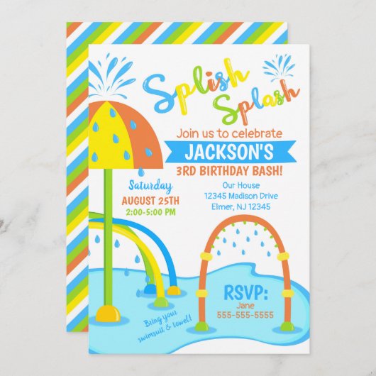 Splash Pad Verjaardag Uitnodiging / Waterpark / Jo (Voorkant / Achterkant)