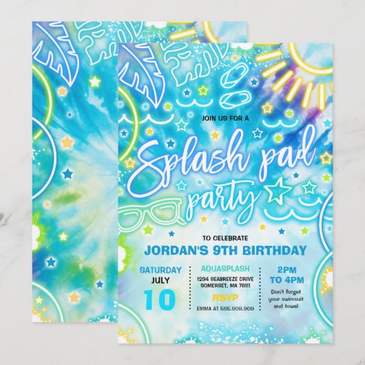 Splash Pad Waterpark Birthday Party Tie Dye Glow Kaart (Voorkant / Achterkant)