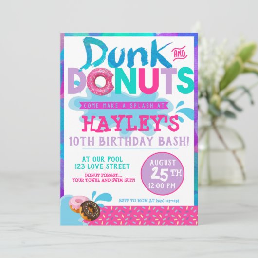 Splash Pool Dunk n Donut met Sprinkles Party Kaart (Staand voorkant)