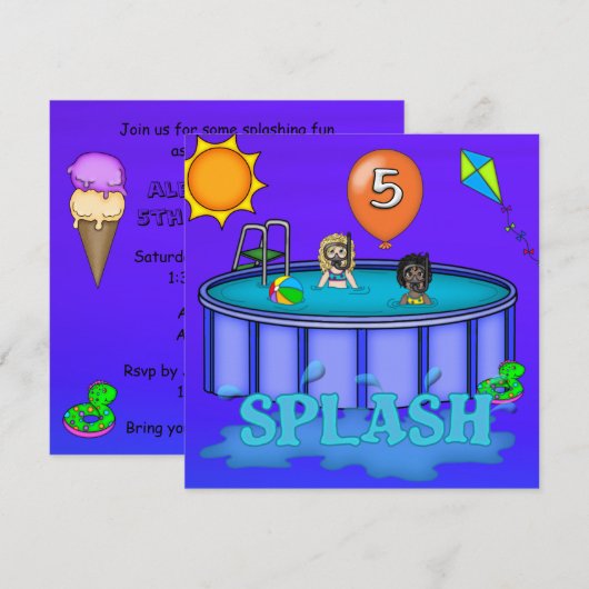 "Splash" Pool Feestje 5e Verjaardag Kaart (Voorkant / Achterkant)