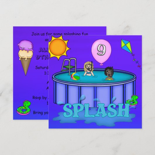 "Splash" Pool Feestje 9e Verjaardag Kaart (Voorkant / Achterkant)