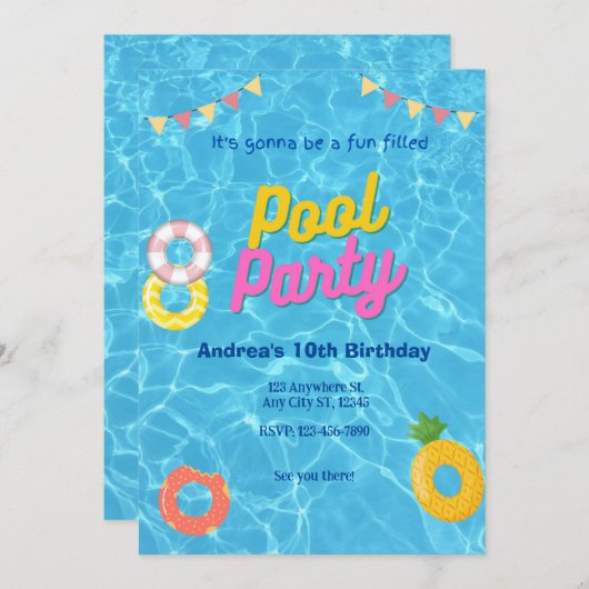 Splash Pool Party Invitation Kaart (Voorkant / Achterkant)