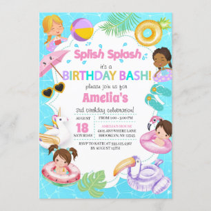 Splash Pool Party of Birthday Invitation - Girl Kaart