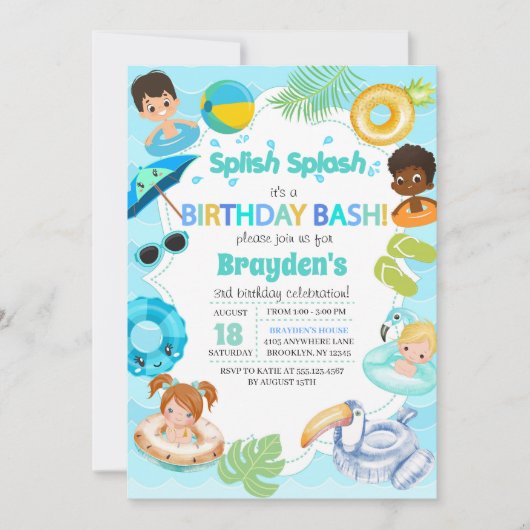 Splash Pool Party Verjaardag Uitnodiging - Jongen (Voorkant)