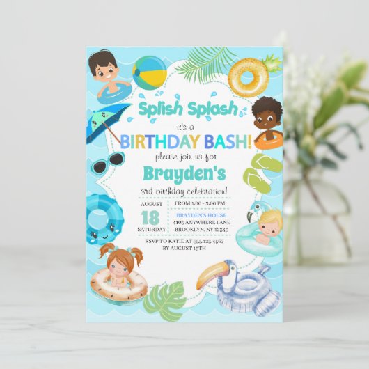Splash Pool Party Verjaardag Uitnodiging - Jongen (Staand voorkant)