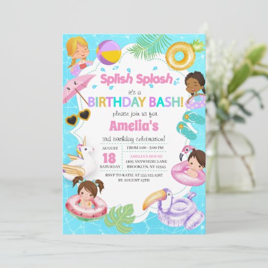 Splash Pool Party Verjaardag Uitnodiging - Meisje (Staand voorkant)