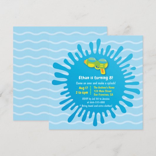 Splash Water Pistool Boys Verjaardagsfeestje Uitno Kaart (Voorkant / Achterkant)