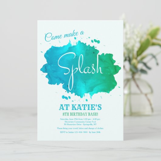 Splash Waterverf uitnodiging (Staand voorkant)