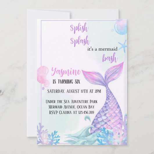 splash zeemeermin uitnodiging voor verjaardag (Voorkant)