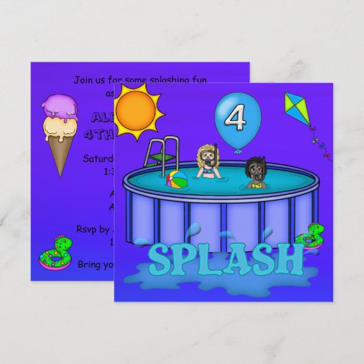 "Splash" Zwembad Feest 4de Verjaardag Kaart (Voorkant / Achterkant)