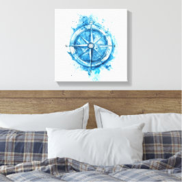 Splashed Compass - blauwe artistieke waterkleur Canvas Afdruk
