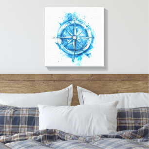 Splashed Compass - blauwe artistieke waterkleur Canvas Afdruk